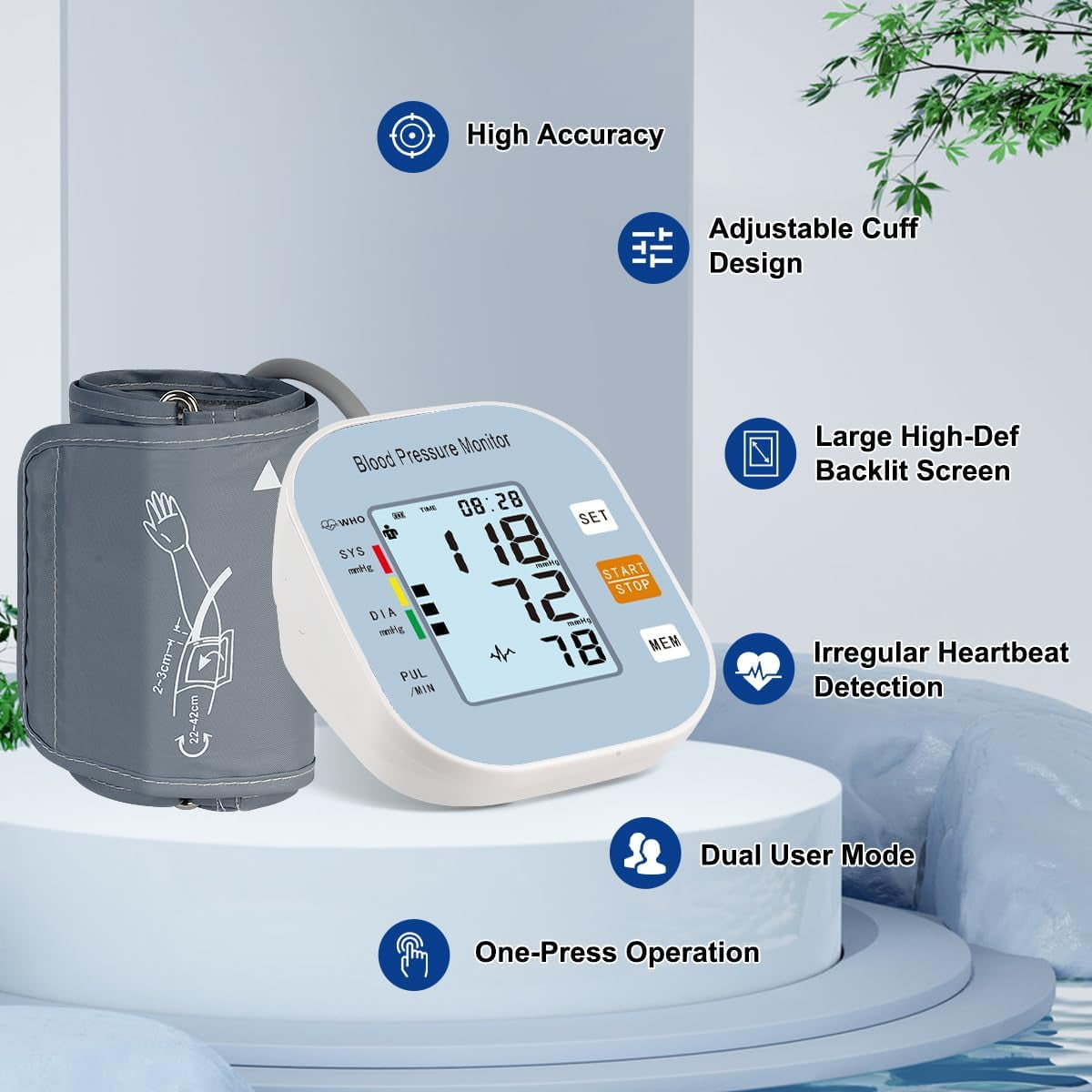 Blood Pressure Monitor, Automatic BP Machine with Large Backlit Display Accurate for 2 Users with Arm Cuff & Storage Bag, Blue