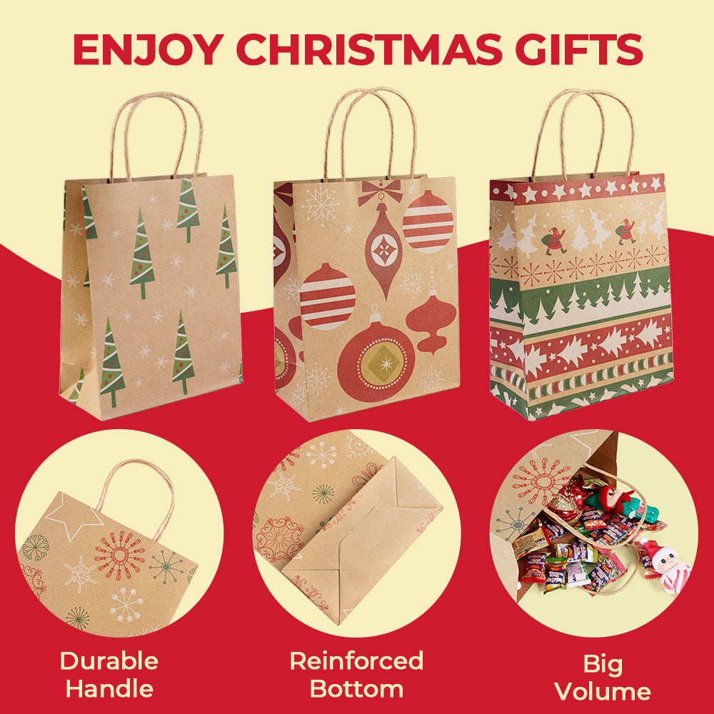 24PCS Christmas Gift Bags Christmas Kraft Gift Bags Holiday Paper Goody Gift (9" x 7.3" x 3.3")