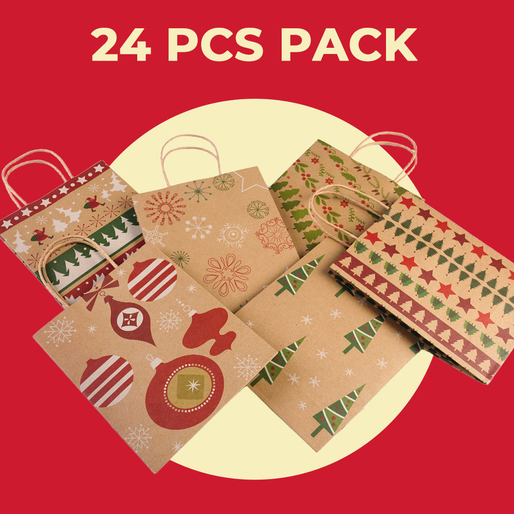 24PCS Christmas Gift Bags Christmas Kraft Gift Bags Holiday Paper Goody Gift (9" x 7.3" x 3.3")