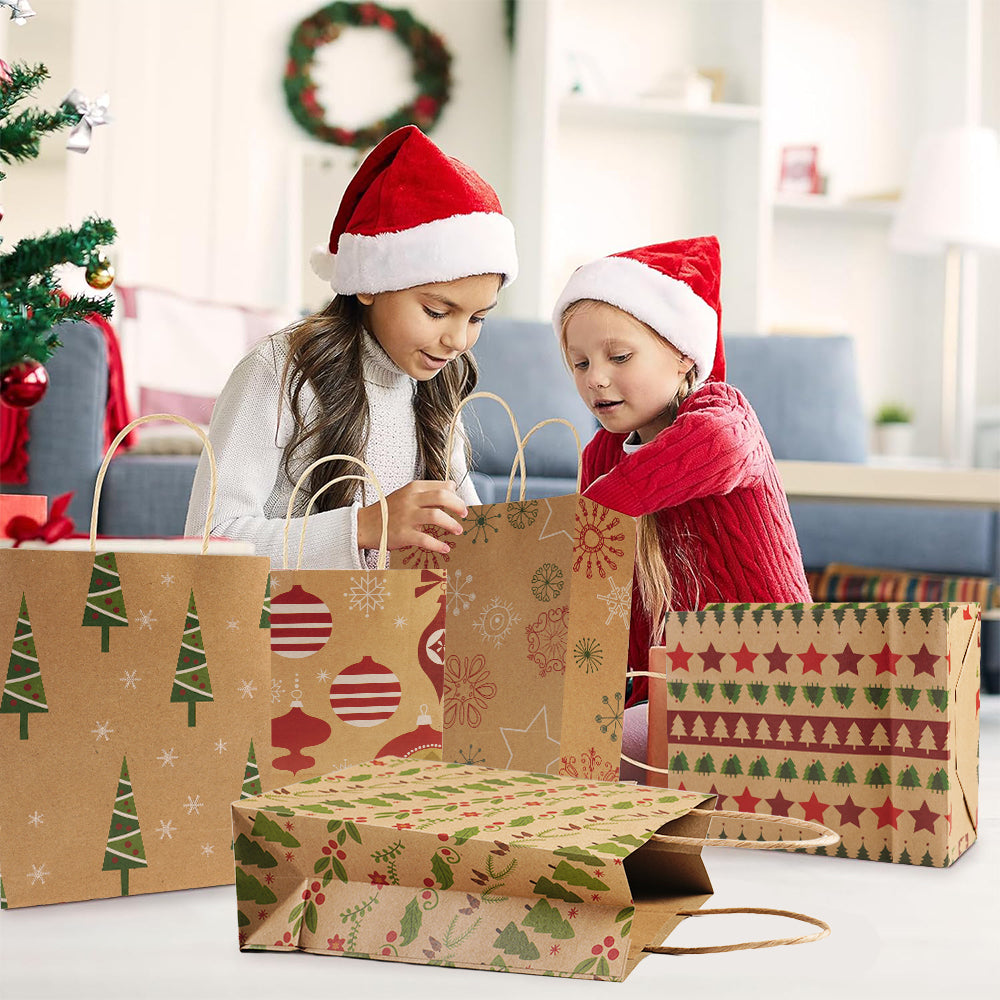 24PCS Christmas Gift Bags Christmas Kraft Gift Bags Holiday Paper Goody Gift (9" x 7.3" x 3.3")