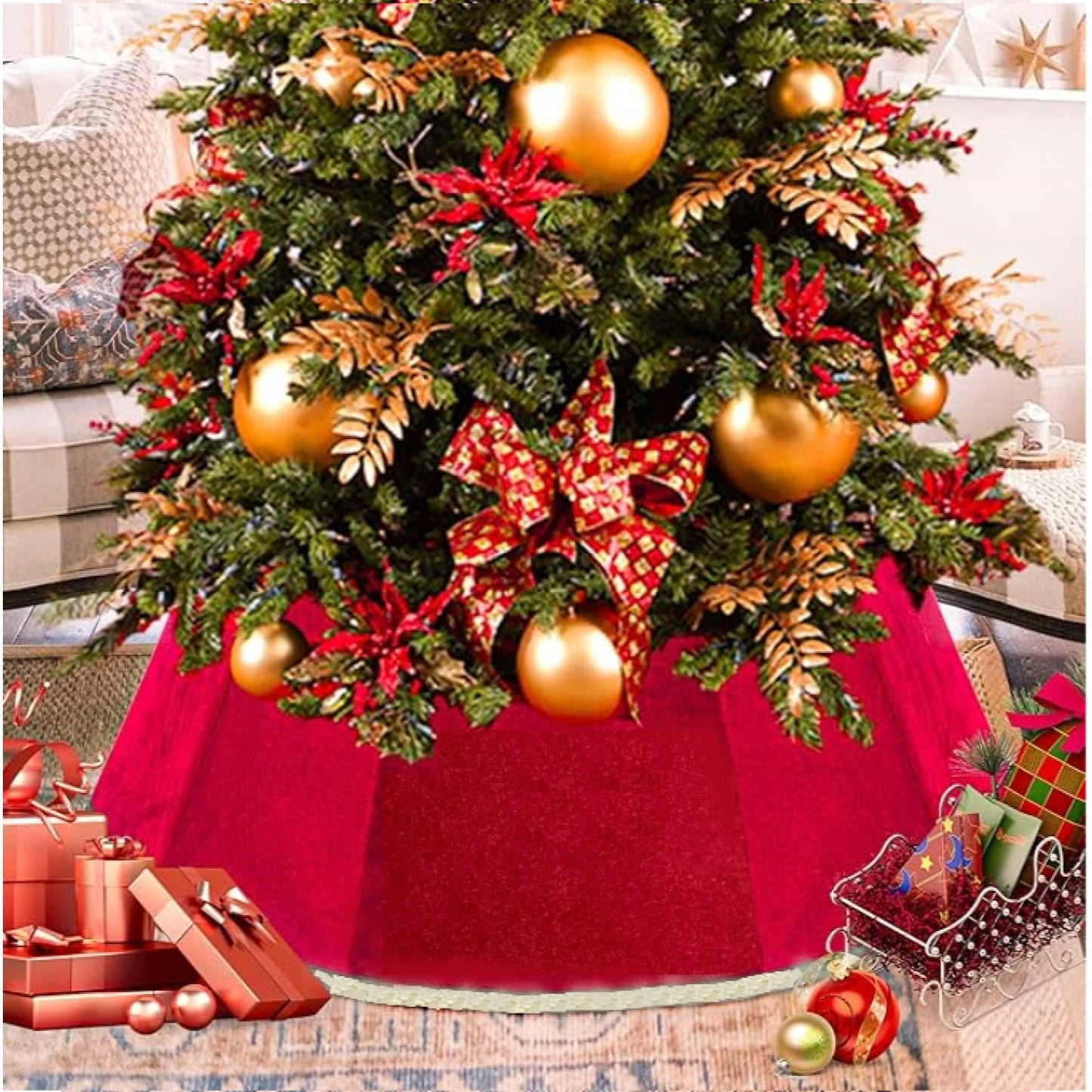 Uncahome Christmas Tree Collar, 26'' Red Xmas Tree Ring for Artificial Trees, Velvet Foldable Christmas Tree Skirt for Christmas Tree Decoration