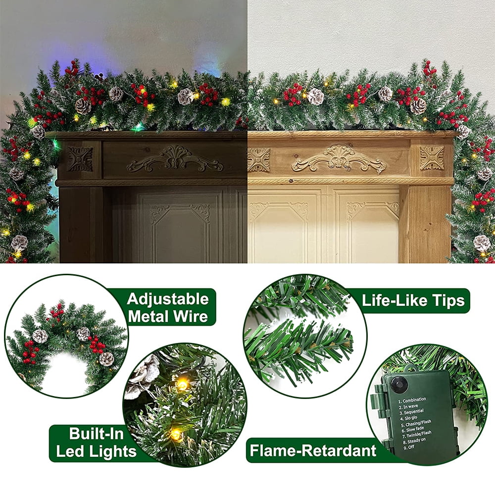 9ft Pre-Lit Christmas Garland with 50 Waterproof LED Light and Pine Cones and Berries, 220 Branches Battery Operated Christmas Garland Decoration for Xmas Holiday Party