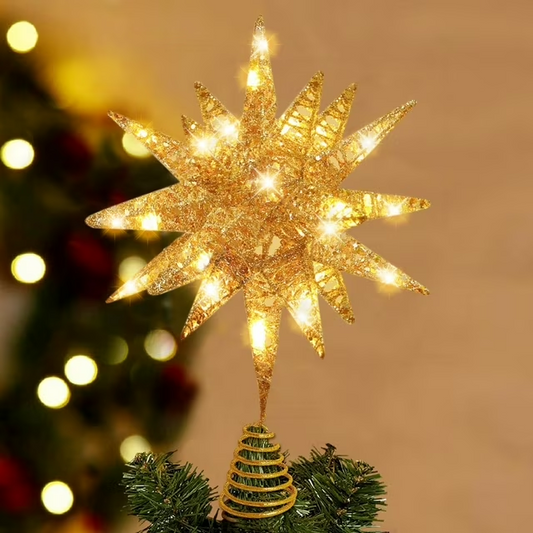 11" Christmas Tree Topper Star 3D Hollow Metal Christmas Treetop Battery Operated with Light for Christmas Home Decoration Gold