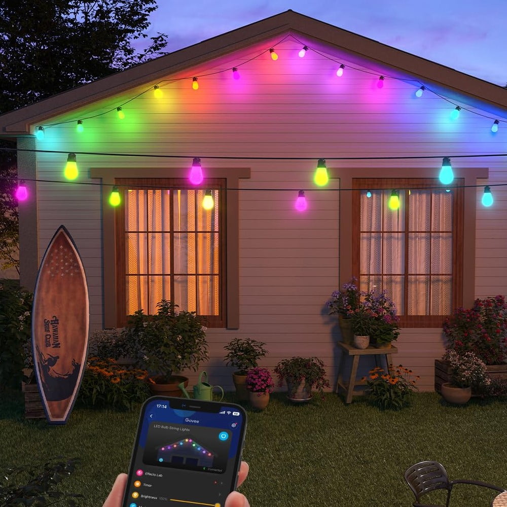 Smart Outdoor String Lights, 48ft*2 RGBIC & Warm White LED String Lights with 30*2 Bulbs, Works with Alexa, Google & APP Control, IP65 Waterproof for Patio, Garden Decorations