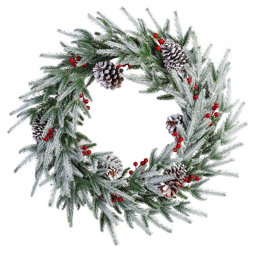 28in Artificial Christmas Wreath, Frosty Christmas wreath with Crestwood Spruce, Decorated with Pine Cones, Berry Clusters, Frosted Branches, Christmas Collection Green