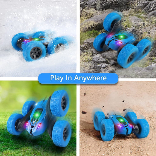 Remote Control Car Double Sided 360°Rotating 4WD RC Cars with Headlights 2.4GHz Rechargeable Toy Cars, Blue