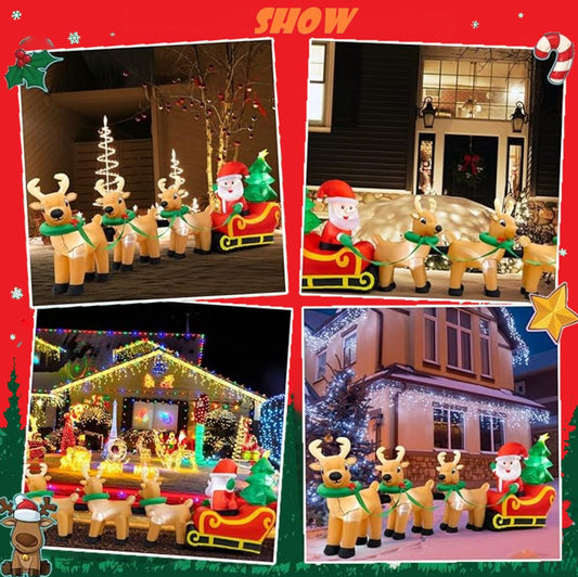 12 FT Lighted Christmas Inflatables Santa Claus on Sleigh with 3 Reindeer & Christmas Tree for Indoor Outdoor Home Holiday Decor