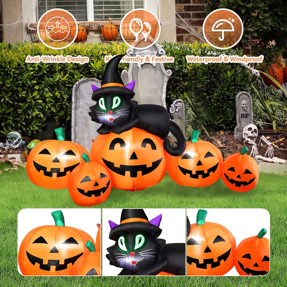 5FT Halloween Inflatable Pumpkin Outdoor Decoration, Lighted Blow Up Yard Decor, Stacked Witch's Black Cat with 5 Pcs Pumpkin and Built-in LED Lights for Home Holiday Party Patio Outside Event Prop