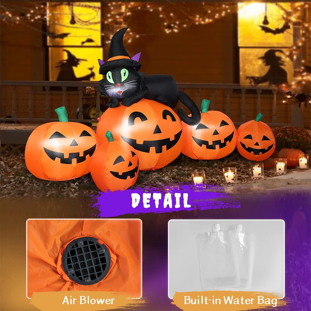 5FT Halloween Inflatable Pumpkin Outdoor Decoration, Lighted Blow Up Yard Decor, Stacked Witch's Black Cat with 5 Pcs Pumpkin and Built-in LED Lights for Home Holiday Party Patio Outside Event Prop