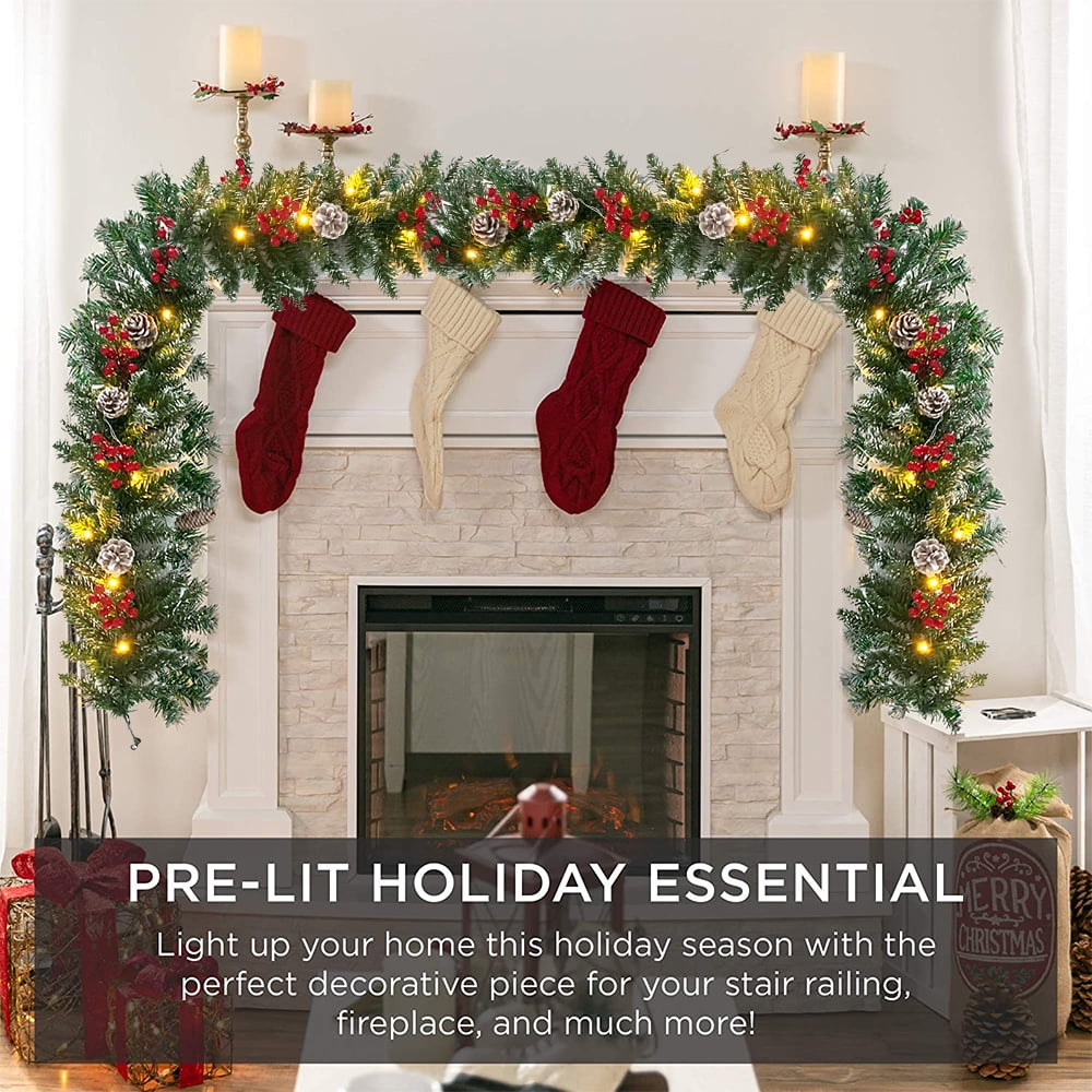 9ft Pre-Lit Christmas Garland with 50 Waterproof LED Light and Pine Cones and Berries, 220 Branches Battery Operated Christmas Garland Decoration for Xmas Holiday Party