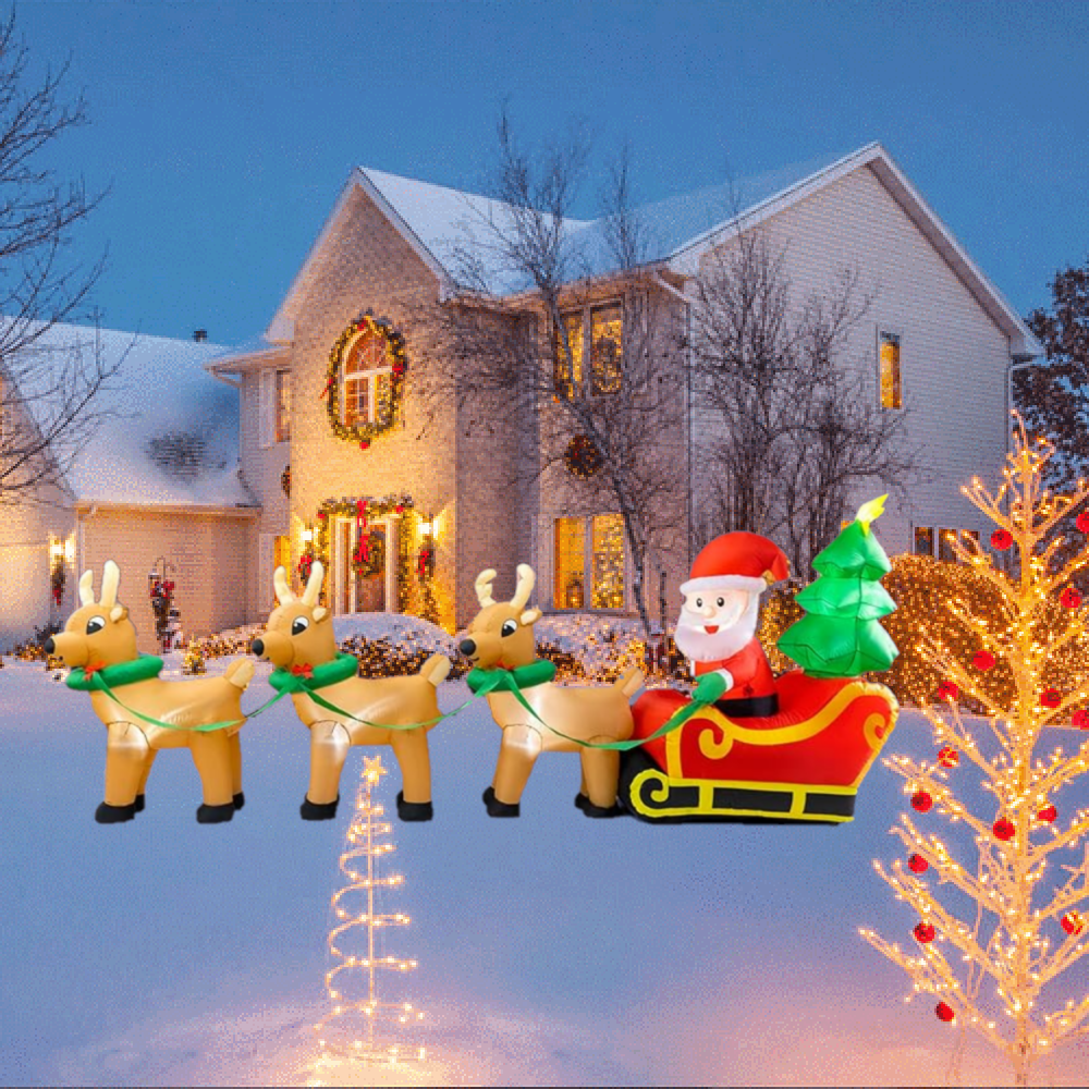 Outdoor Christmas Decorations,12 FT Lighted Christmas Inflatables Santa Claus on Sleigh with 3 Reindeer & Christmas Tree for Indoor Outdoor Home Holiday Deco