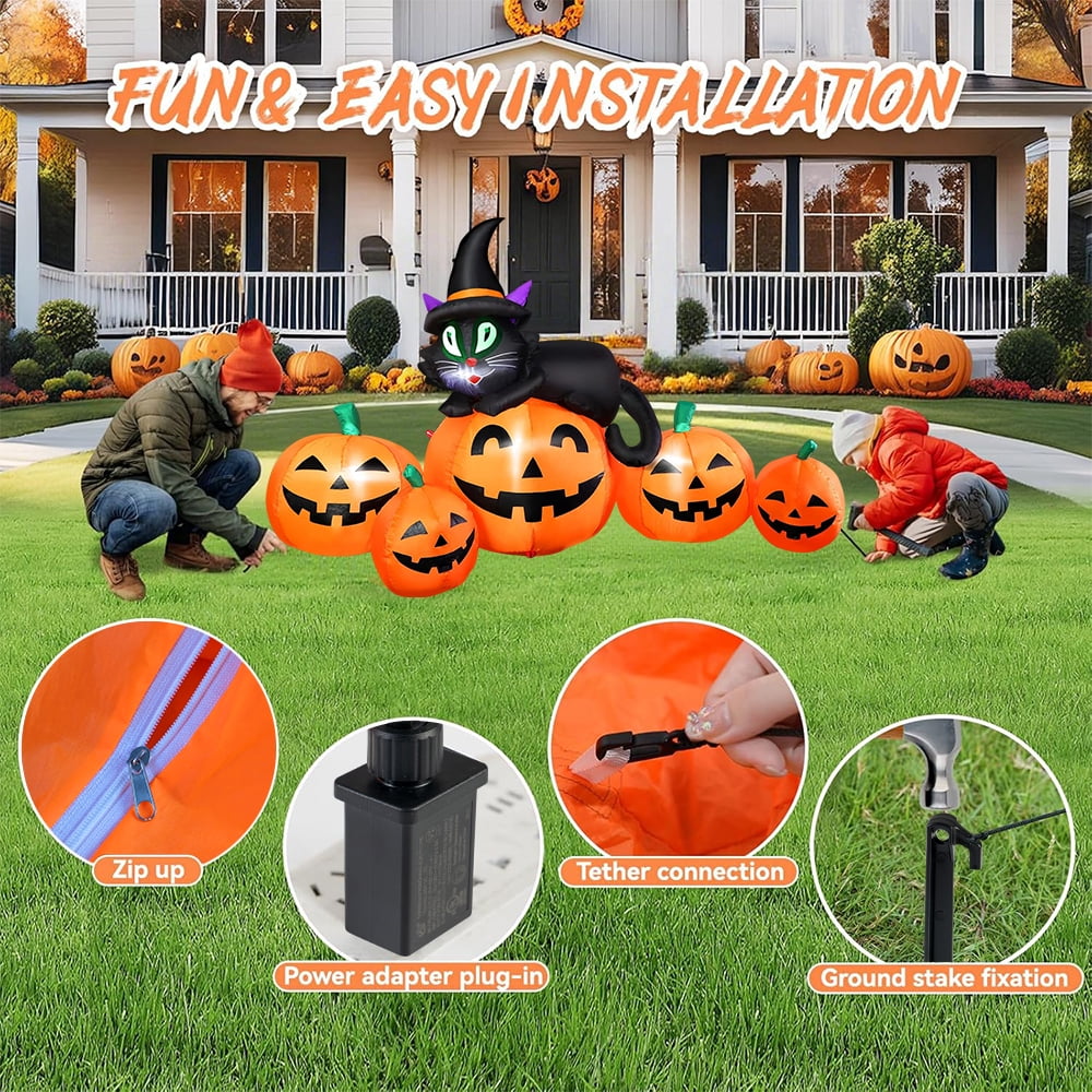 5FT Halloween Inflatable Pumpkin Outdoor Decoration, Lighted Blow Up Yard Decor, Stacked Witch's Black Cat with 5 Pcs Pumpkin and Built-in LED Lights for Home Holiday Party Patio Outside Event Prop