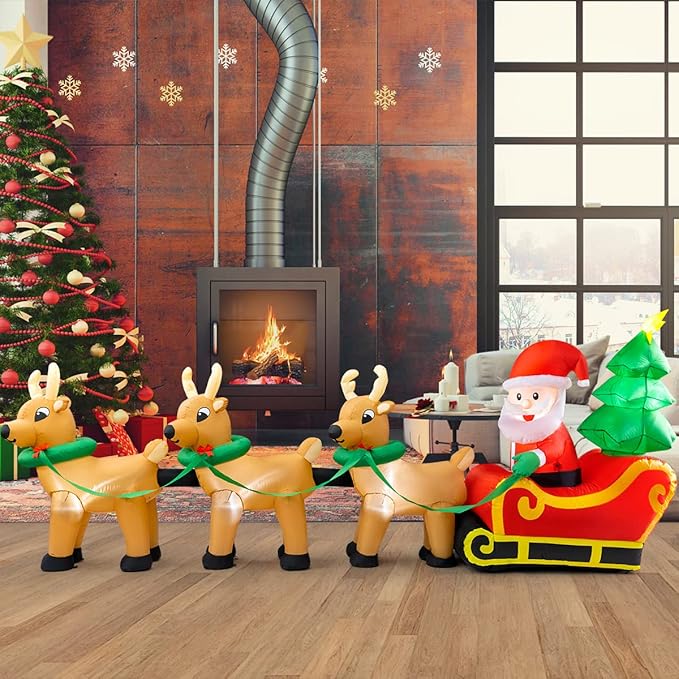 Outdoor Christmas Decorations,12 FT Lighted Christmas Inflatables Santa Claus on Sleigh with 3 Reindeer & Christmas Tree for Indoor Outdoor Home Holiday Deco