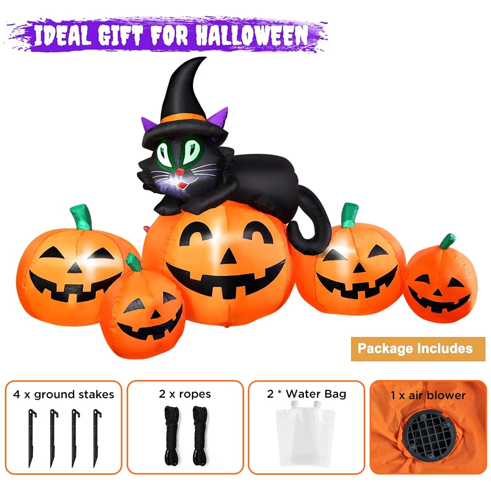 5FT Halloween Inflatable Pumpkin Outdoor Decoration, Lighted Blow Up Yard Decor, Stacked Witch's Black Cat with 5 Pcs Pumpkin and Built-in LED Lights for Home Holiday Party Patio Outside Event Prop