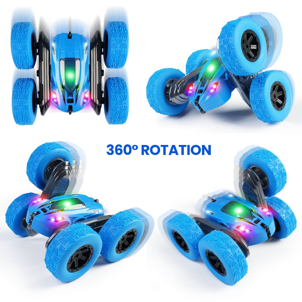 Remote Control Car Double Sided 360°Rotating 4WD RC Cars with Headlights 2.4GHz Rechargeable Toy Cars, Blue