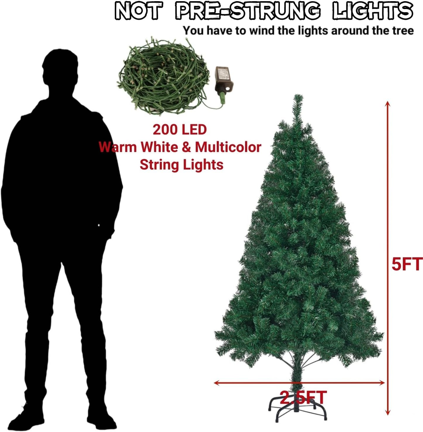 5 FT Artificial Christmas Tree (NOT Pre-Strung) with Remote Control, 200 LED Warm White & Multicolor Changing Lights, Fake Xmas Pine Tree with Metal Legs, 550 Branch Tips, Green