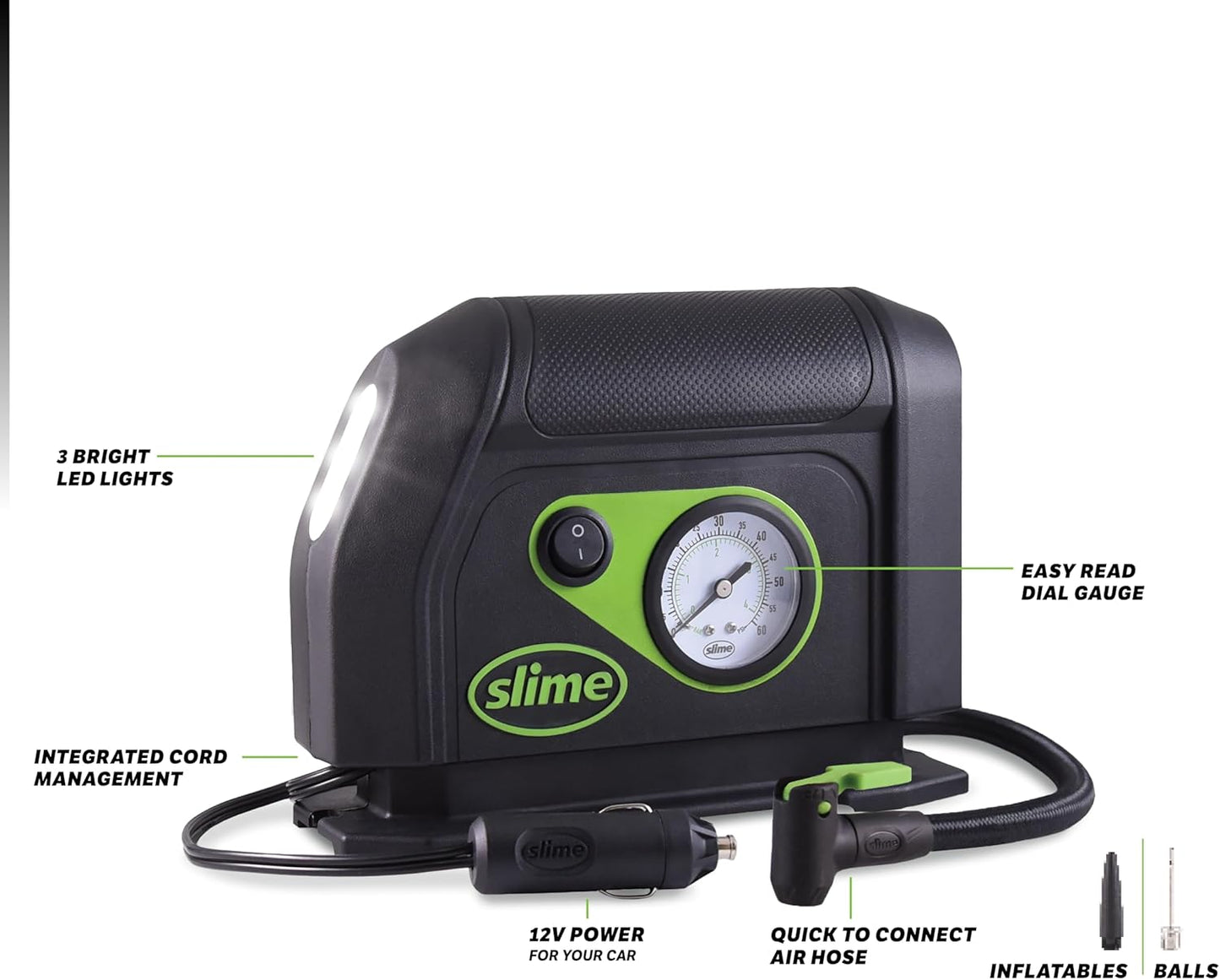 40050 Tire Inflator, Portable Car Air Compressor, with Analog 100 psi Dial Gauge, Long Hose and LED Light, 12V, 8 min Inflation