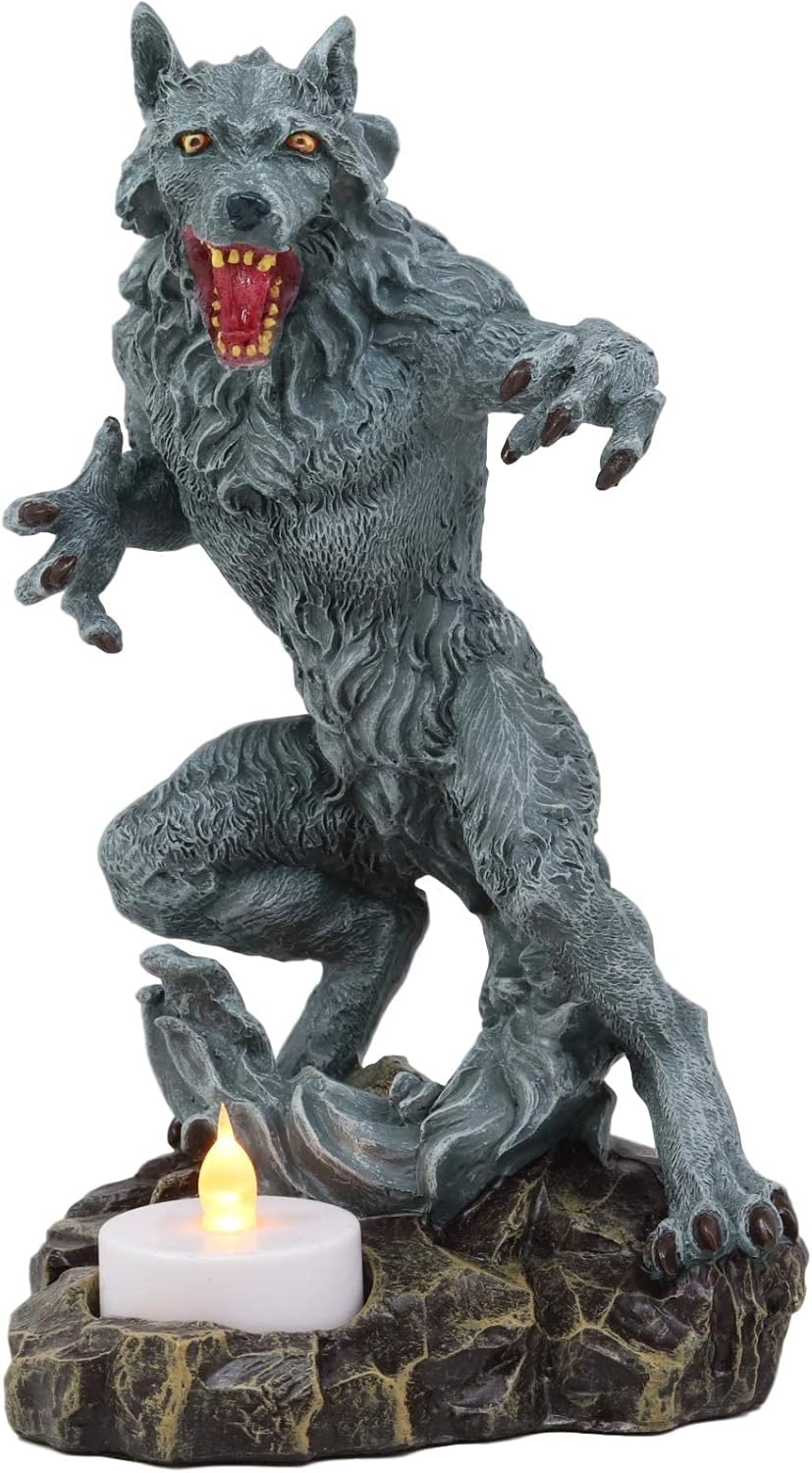 Gothic Werewolf Tea Light Candle Holder Statue Lycan Beast Wolf Man Figurine Werewolves Direwolf Fantasy Decor Sculpture for Halloween Underworld Macabre Mystic Decorative Candleholder