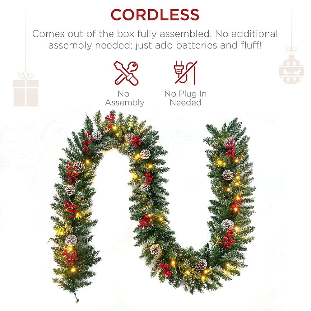 9ft Pre-Lit Christmas Garland with 50 Waterproof LED Light and Pine Cones and Berries, 220 Branches Battery Operated Christmas Garland Decoration for Xmas Holiday Party