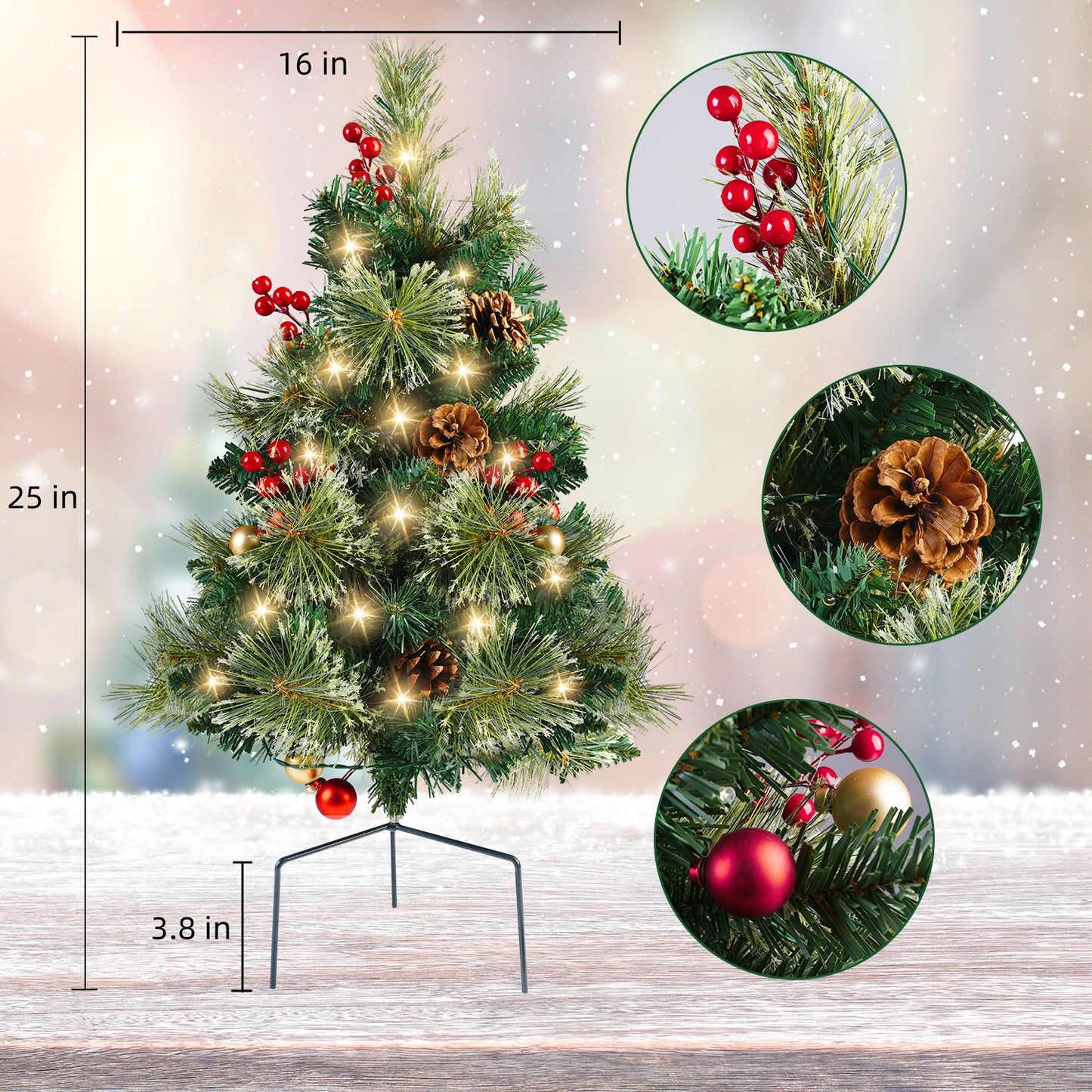25in Artificial Christmas Trees Set of 2 Pre-Lit Mini Christmas Trees with 30 LED Lights, Bright Ball, Pine, Berries for Indoor Outdoor Decor