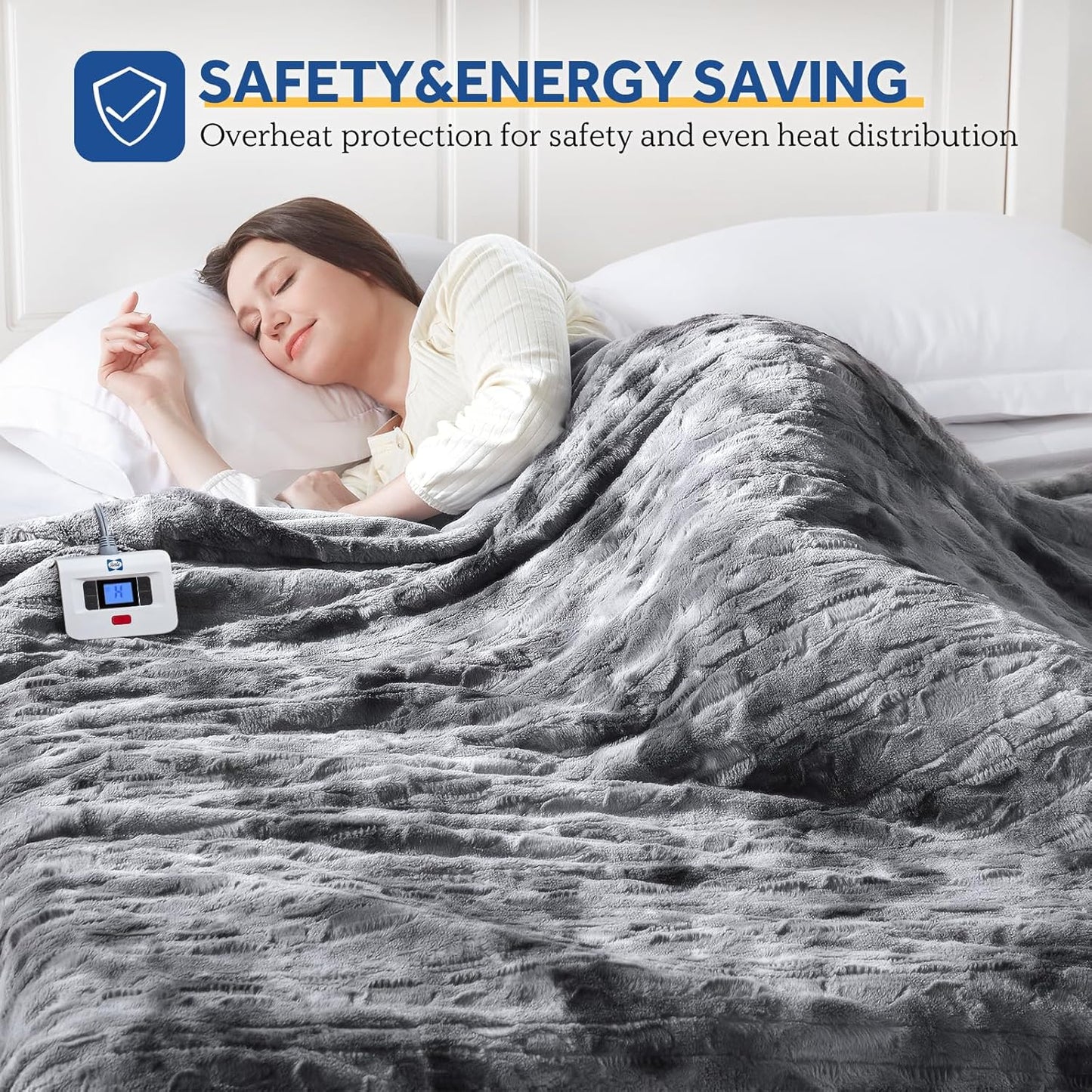 Electric Blanket Twin Size, Faux Fur & Flannel Fast Heated Blanket with 10 Heating Levels & 1-12 Hours Auto Off, Machine Washable, Grey, 62x 84 Inch