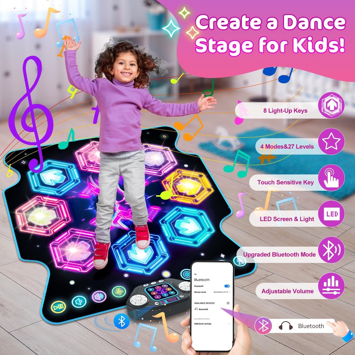 Dance Mat Toys, 2024 Light Up 8-Button Dance Pad with Wireless Bluetooth for 3-12 Year Old Girls Boys, Upgraded Dance Pad Flowing Light Control System with Stands Music Birthday Xmas Gifts for Kids