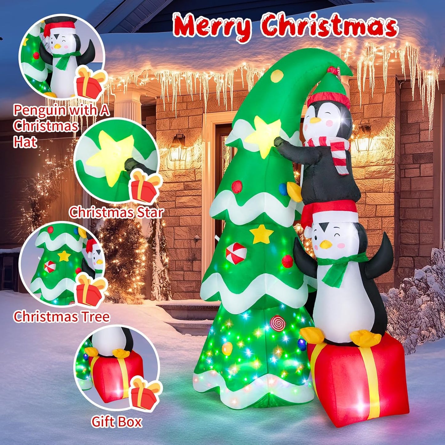 7FT Inflatable Christmas Tree Outdoor Decorations, Blow up Christmas Tree with Penguins & Gift Box Yard Decorations, Build-in LED Lights for Holiday Party Indoor Garden Lawn Patio Festive Decor