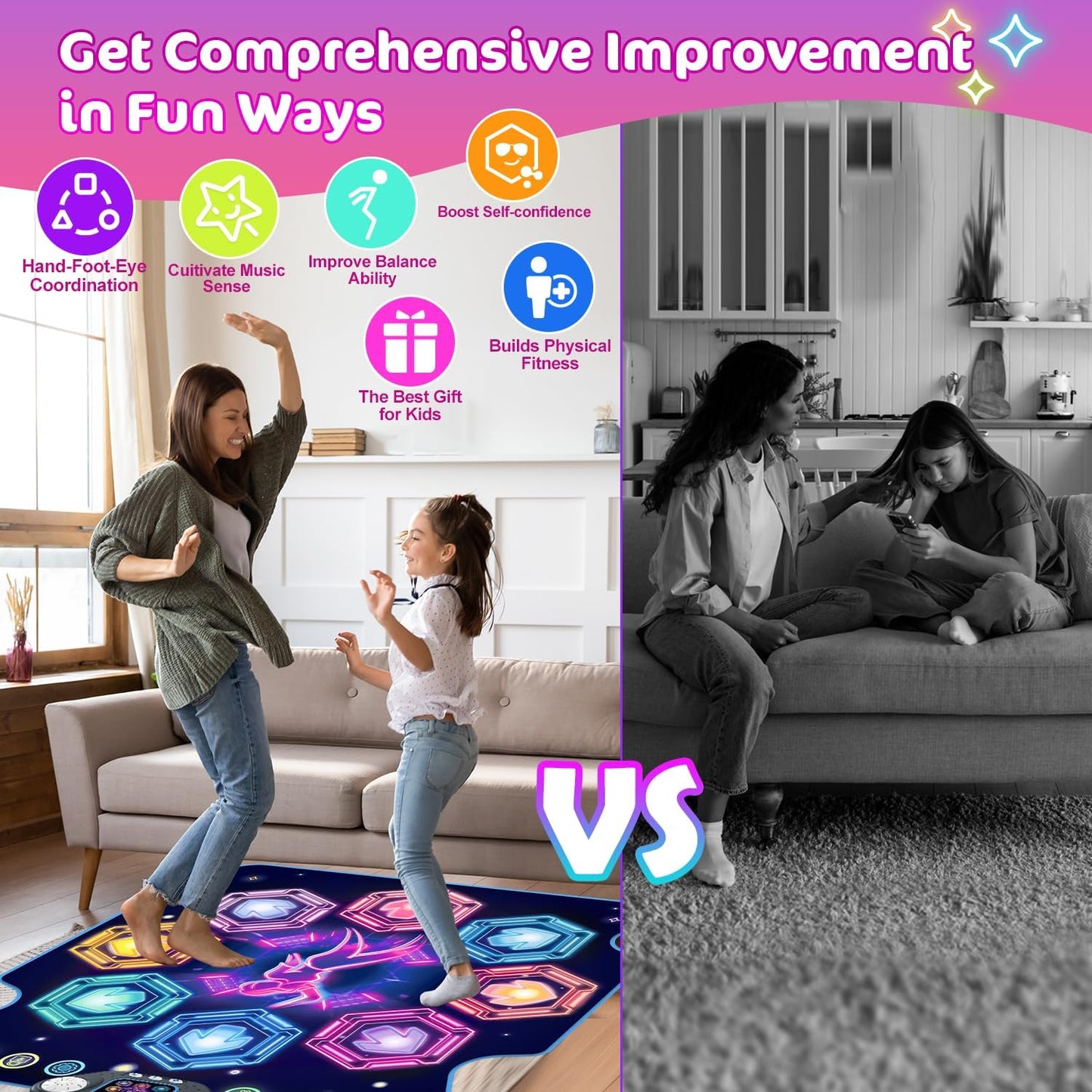 Dance Mat Toys, 2024 Light Up 8-Button Dance Pad with Wireless Bluetooth for 3-12 Year Old Girls Boys, Upgraded Dance Pad Flowing Light Control System with Stands Music Birthday Xmas Gifts for Kids