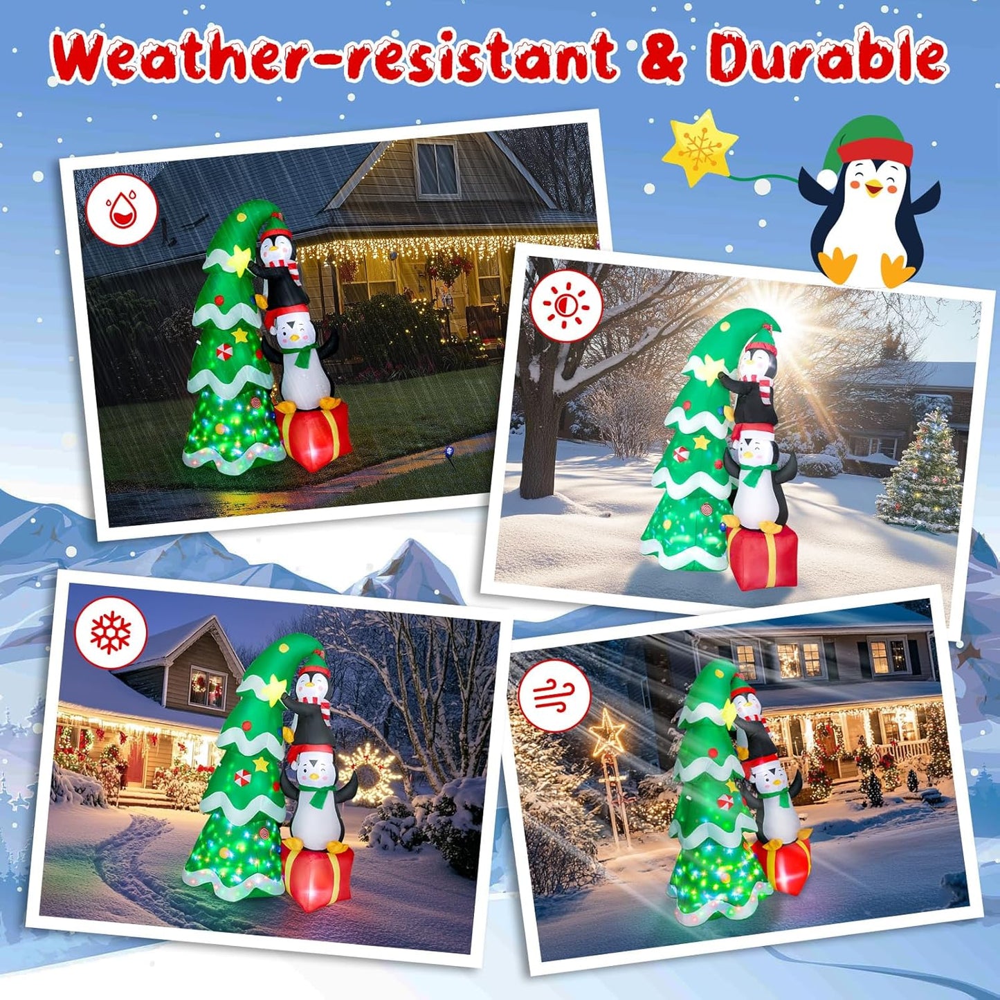 7FT Inflatable Christmas Tree Outdoor Decorations, Blow up Christmas Tree with Penguins & Gift Box Yard Decorations, Build-in LED Lights for Holiday Party Indoor Garden Lawn Patio Festive Decor
