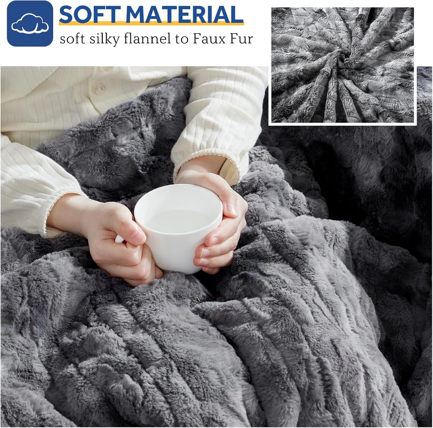 Electric Blanket Twin Size, Faux Fur & Flannel Fast Heated Blanket with 10 Heating Levels & 1-12 Hours Auto Off, Machine Washable, Grey, 62x 84 Inch