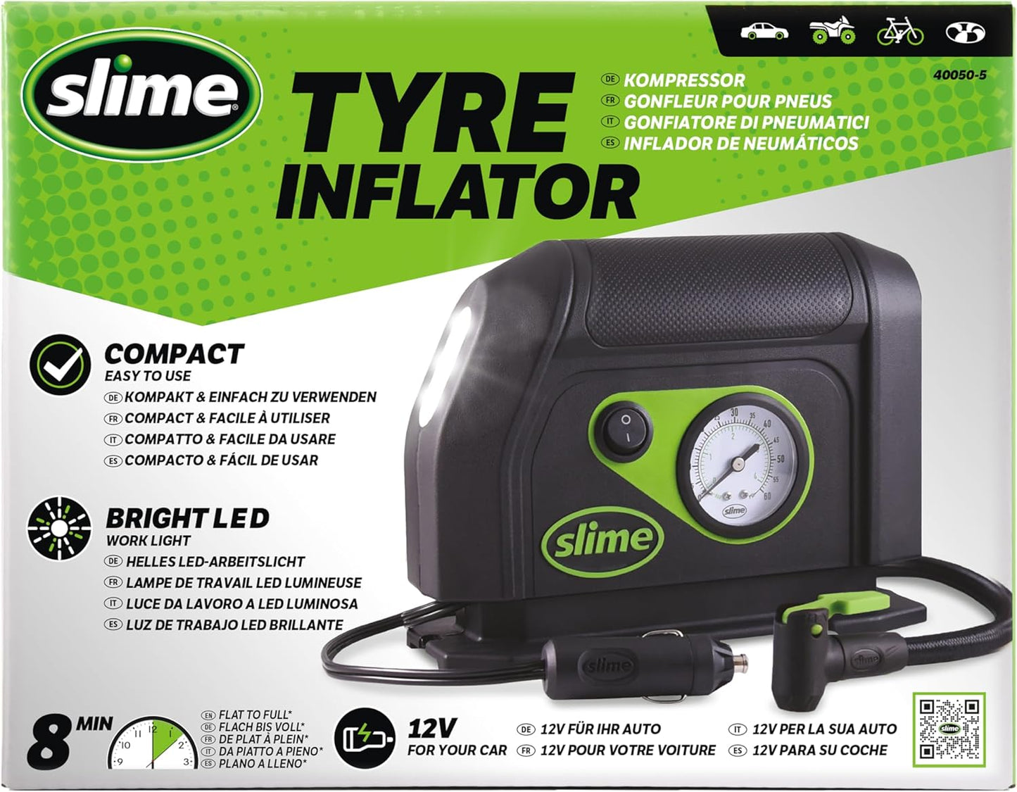 40050 Tire Inflator, Portable Car Air Compressor, with Analog 100 psi Dial Gauge, Long Hose and LED Light, 12V, 8 min Inflation