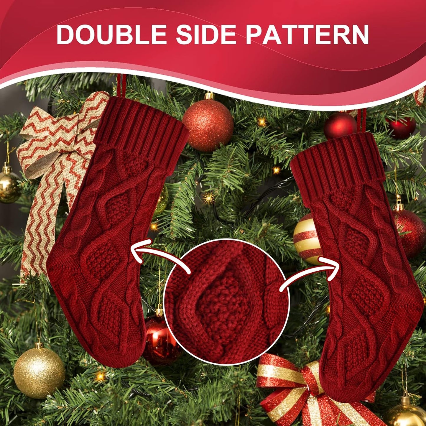 Christmas Stockings Bulk 20 Inch Burgundy and Ivory Knit Xmas Stockings for Family Christmas Decoration, 4 Pack