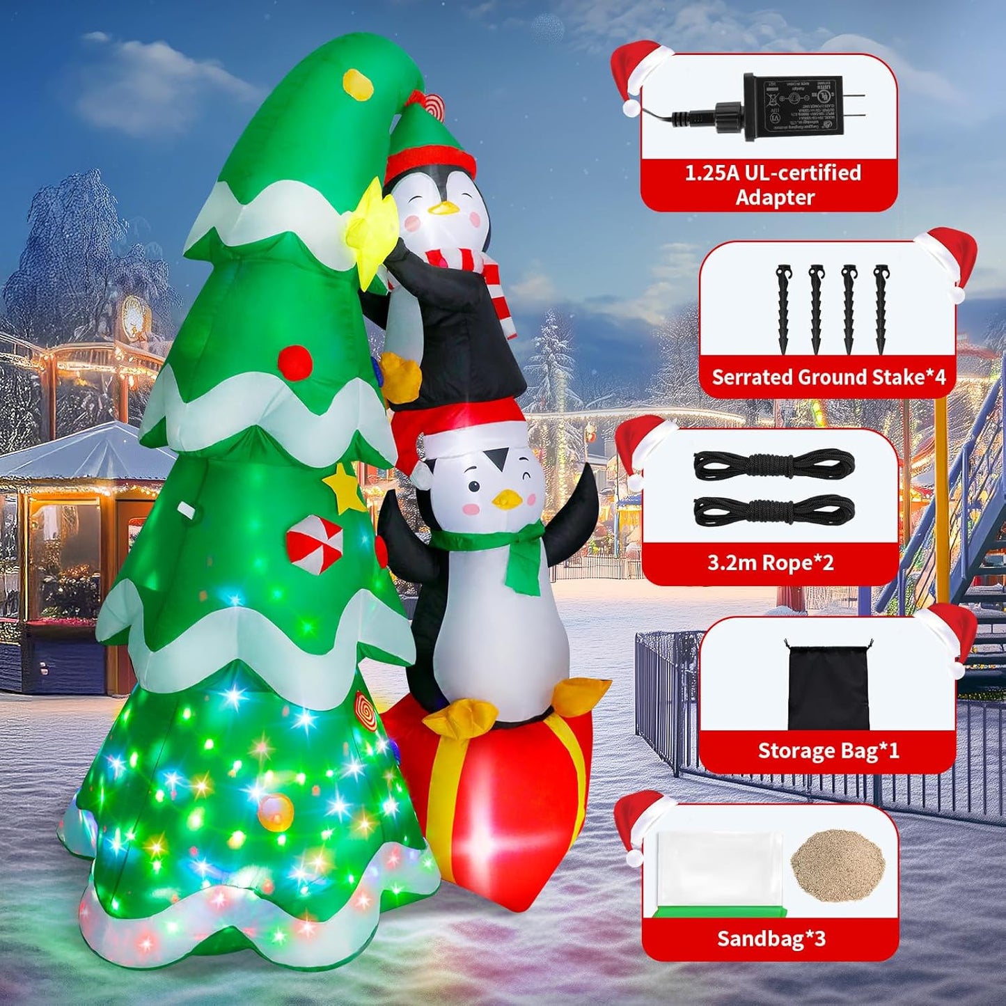 7FT Inflatable Christmas Tree Outdoor Decorations, Blow up Christmas Tree with Penguins & Gift Box Yard Decorations, Build-in LED Lights for Holiday Party Indoor Garden Lawn Patio Festive Decor