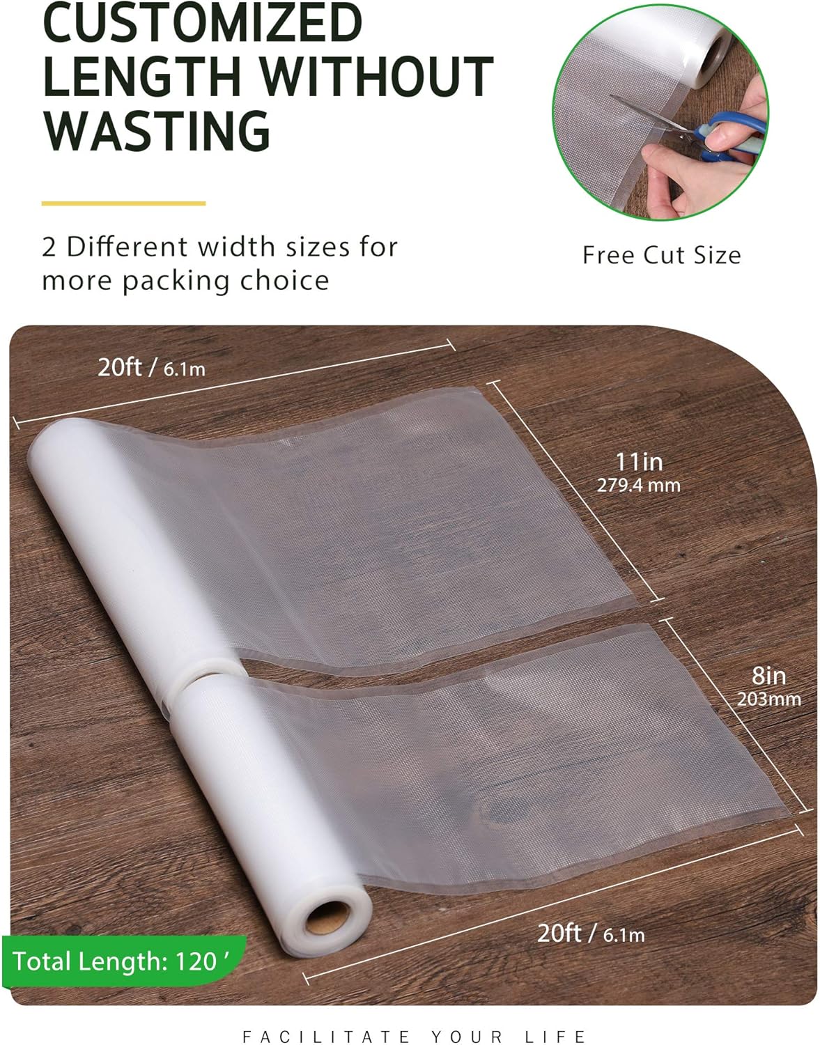 Vacuum Sealer Bags, 6 Pack 3 Rolls 11" x 20' and 3 Rolls 8" x 20' Commercial Grade BPA Free Bag Rolls, Food Vac Bags for Storage, Meal Prep or Sous Vide