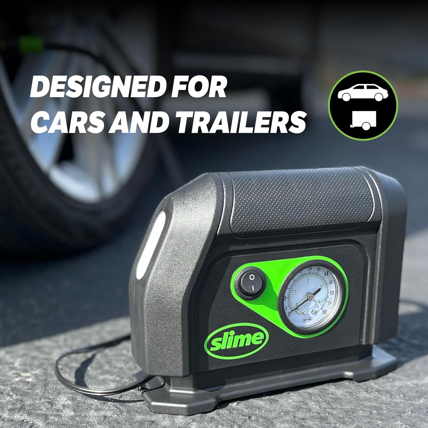 40050 Tire Inflator, Portable Car Air Compressor, with Analog 100 psi Dial Gauge, Long Hose and LED Light, 12V, 8 min Inflation