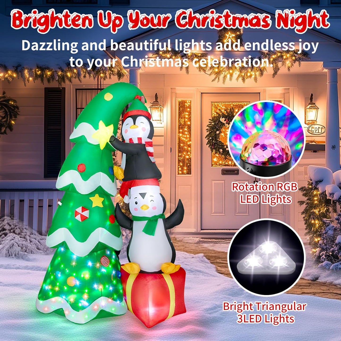 7FT Inflatable Christmas Tree Outdoor Decorations, Blow up Christmas Tree with Penguins & Gift Box Yard Decorations, Build-in LED Lights for Holiday Party Indoor Garden Lawn Patio Festive Decor