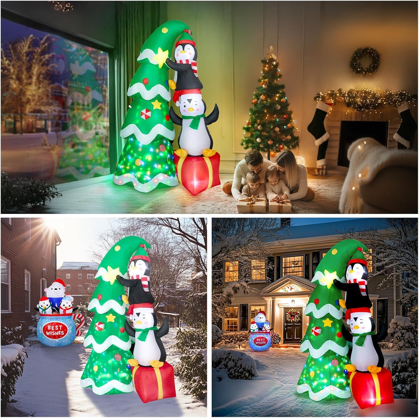7FT Inflatable Christmas Tree Outdoor Decorations, Blow up Christmas Tree with Penguins & Gift Box Yard Decorations, Build-in LED Lights for Holiday Party Indoor Garden Lawn Patio Festive Decor