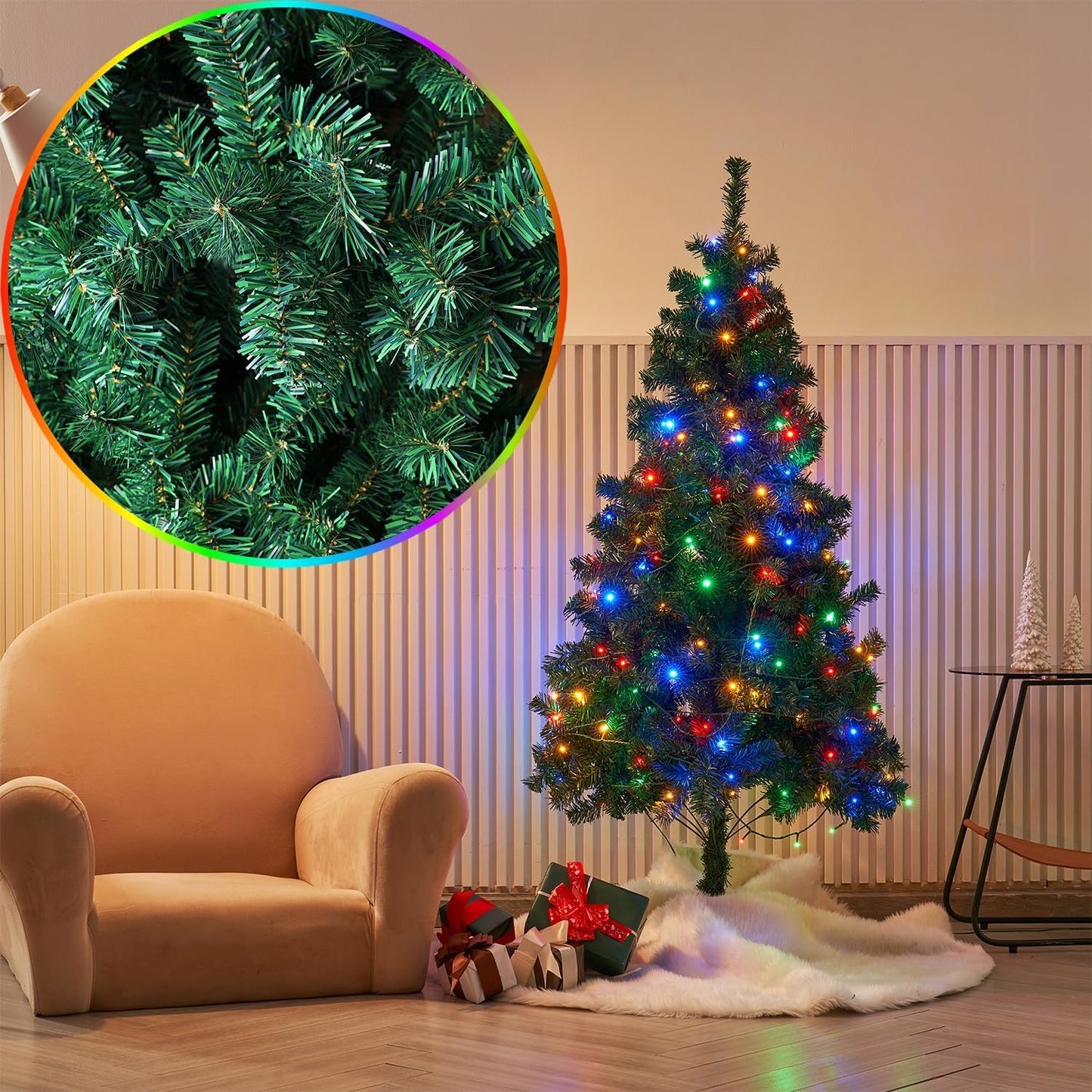 5 FT Artificial Christmas Tree (NOT Pre-Strung) with Remote Control, 200 LED Warm White & Multicolor Changing Lights, Fake Xmas Pine Tree with Metal Legs, 550 Branch Tips, Green