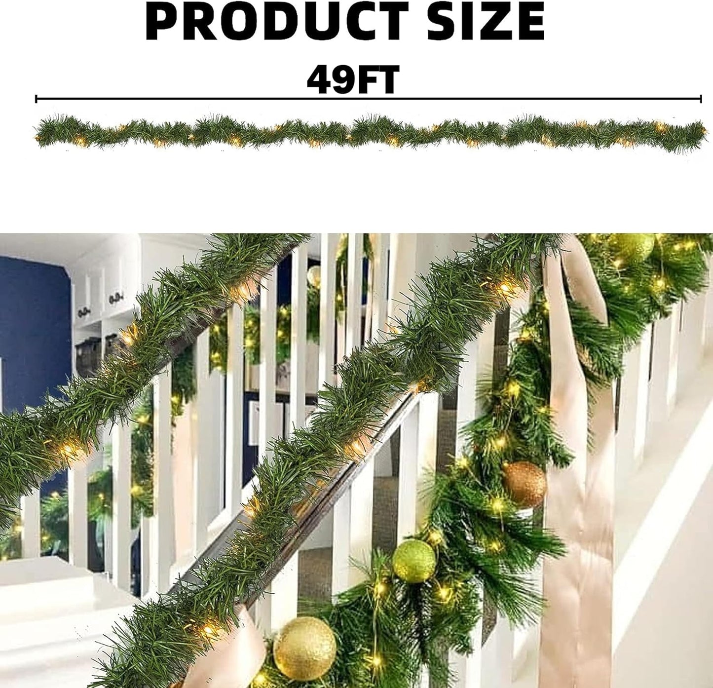 50 FT Christmas Green Garland, 150 LED Pre-lit Lights Lighted Artificial Pine Garlands, for Indoor Outdoor Gate Home Winter Holiday Christmas Decorations