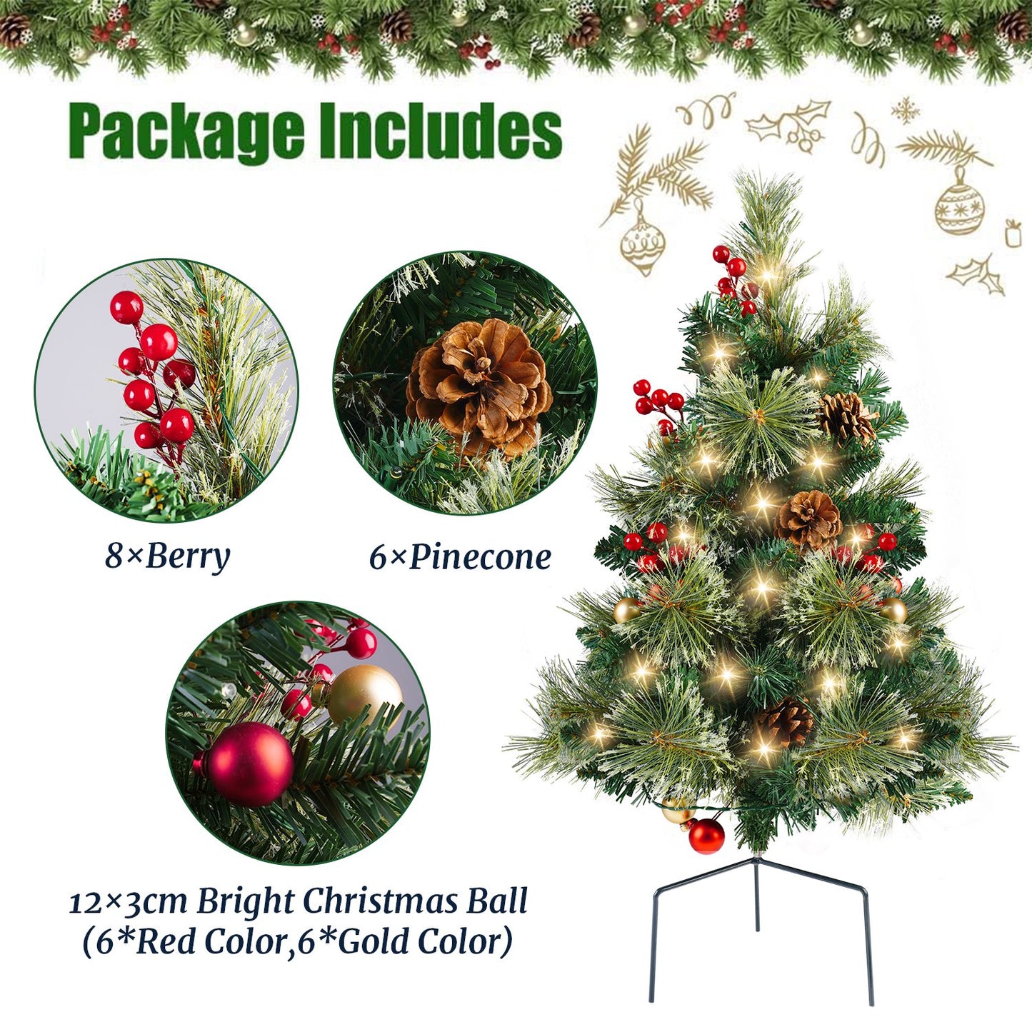 25in Artificial Christmas Trees Set of 2 Pre-Lit Mini Christmas Trees with 30 LED Lights, Bright Ball, Pine, Berries for Indoor Outdoor Decor