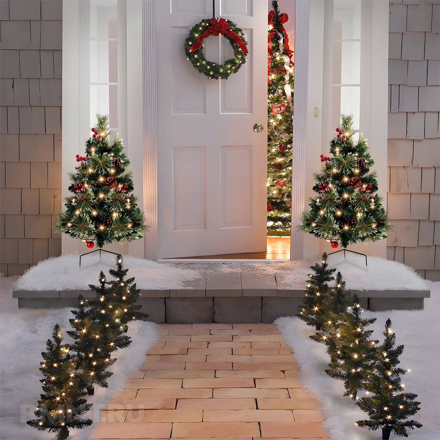 25in Artificial Christmas Trees Set of 2 Pre-Lit Mini Christmas Trees with 30 LED Lights, Bright Ball, Pine, Berries for Indoor Outdoor Decor