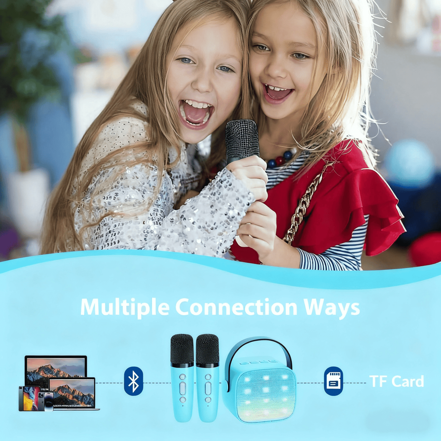 Mini Karaoke Machine with 2 Wireless Microphones Portable Mini Karaoke Machine for Kids for Christmas Party Gift,Blue
