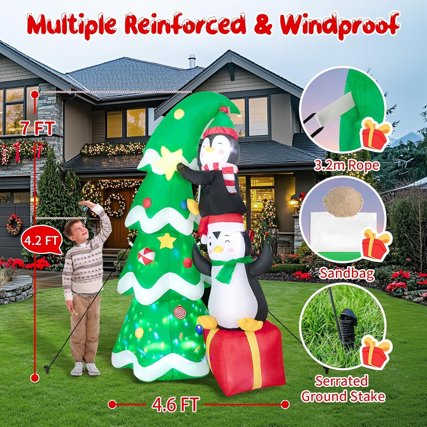 7FT Inflatable Christmas Tree Outdoor Decorations, Blow up Christmas Tree with Penguins & Gift Box Yard Decorations, Build-in LED Lights for Holiday Party Indoor Garden Lawn Patio Festive Decor