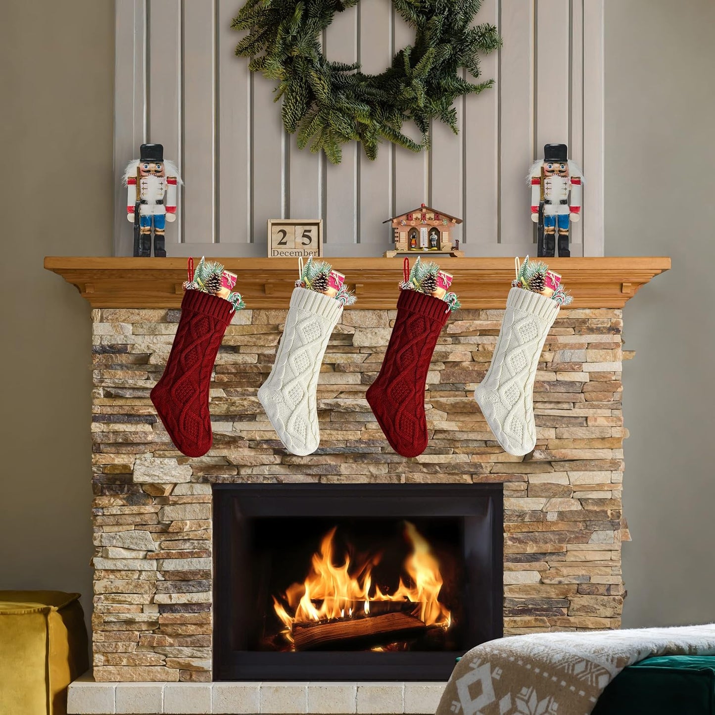 Christmas Stockings Bulk 20 Inch Burgundy and Ivory Knit Xmas Stockings for Family Christmas Decoration, 4 Pack