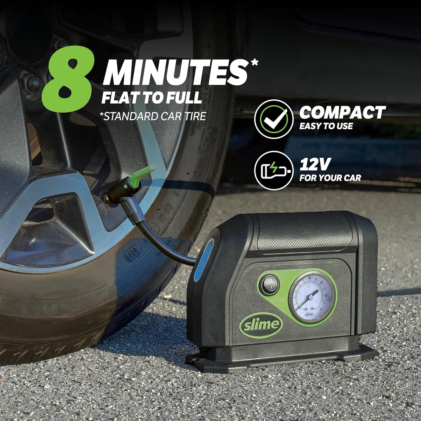 40050 Tire Inflator, Portable Car Air Compressor, with Analog 100 psi Dial Gauge, Long Hose and LED Light, 12V, 8 min Inflation