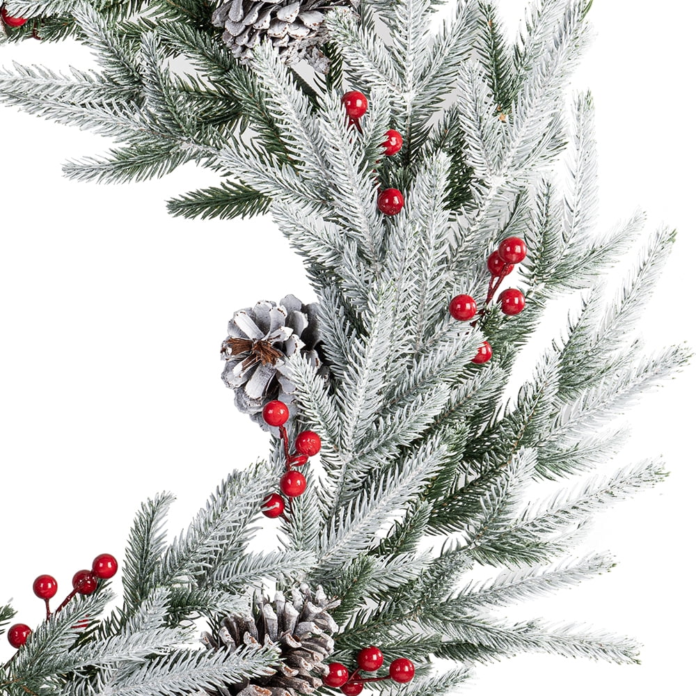 28in Artificial Christmas Wreath, Frosty Christmas wreath with Crestwood Spruce, Decorated with Pine Cones, Berry Clusters, Frosted Branches, Christmas Collection Green