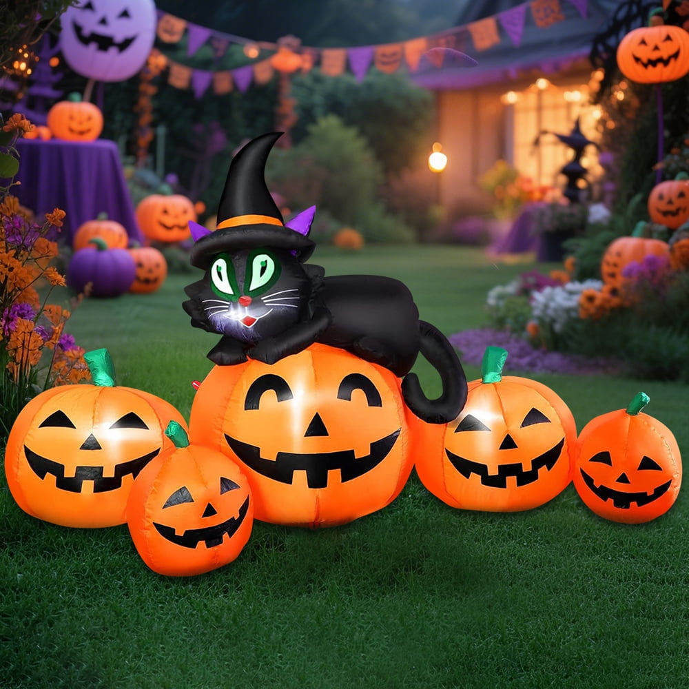 5FT Halloween Inflatable Pumpkin Outdoor Decoration, Lighted Blow Up Yard Decor, Stacked Witch's Black Cat with 5 Pcs Pumpkin and Built-in LED Lights for Home Holiday Party Patio Outside Event Prop