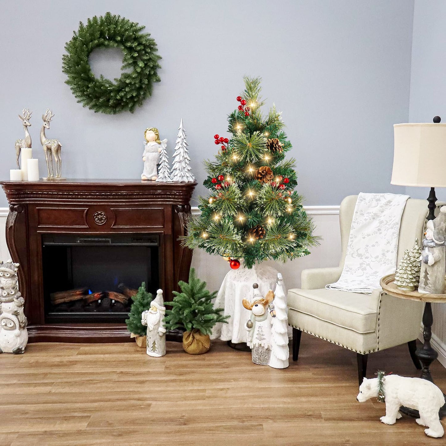 25in Artificial Christmas Trees Set of 2 Pre-Lit Mini Christmas Trees with 30 LED Lights, Bright Ball, Pine, Berries for Indoor Outdoor Decor