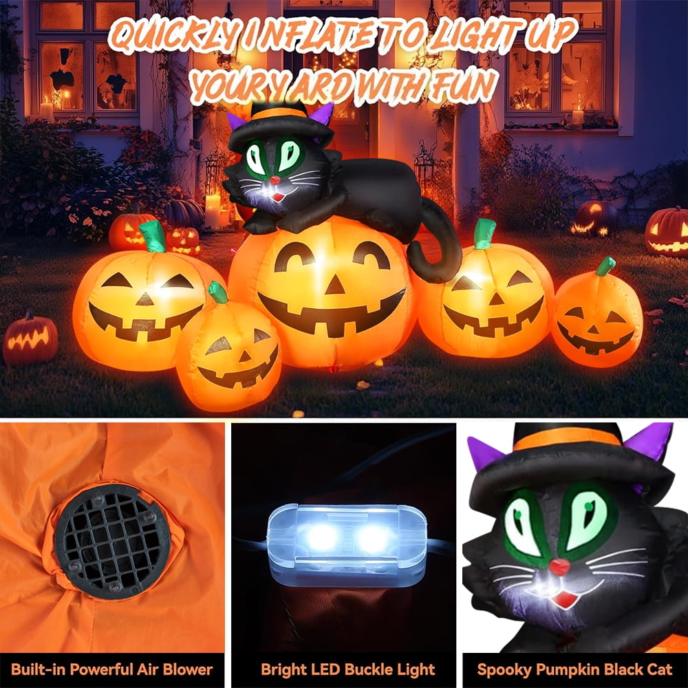 5FT Halloween Inflatable Pumpkin Outdoor Decoration, Lighted Blow Up Yard Decor, Stacked Witch's Black Cat with 5 Pcs Pumpkin and Built-in LED Lights for Home Holiday Party Patio Outside Event Prop