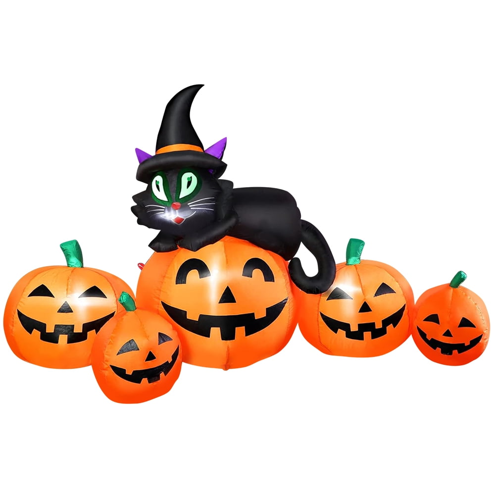 5FT Halloween Inflatable Pumpkin Outdoor Decoration, Lighted Blow Up Yard Decor, Stacked Witch's Black Cat with 5 Pcs Pumpkin and Built-in LED Lights for Home Holiday Party Patio Outside Event Prop